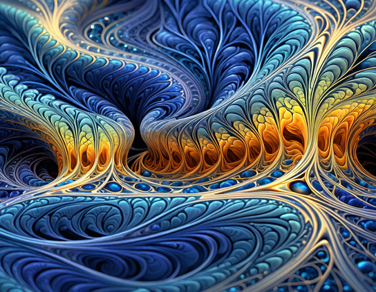 Intricate fractal design in blues with a horizontal streak of flame colors across the center, with swirling lines in a folding abstract pattern.