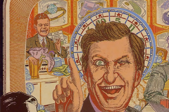 1987 An Artwork from 1987 Featuring a Man Pointing at Another

The artwork depicts a man in the center pointing towards another man who is wearing glasses.
They are both set against a backdrop that appears to be an office or study with books and papers visible.
On the left side of the image, there's a small text "Page 087" indicating this might be a page from a book or magazine.