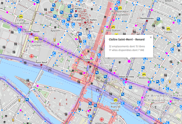 Carte interactive uMap montrant les disponibilités en temps réel des stations de vélo-partage Vélib' Métropole