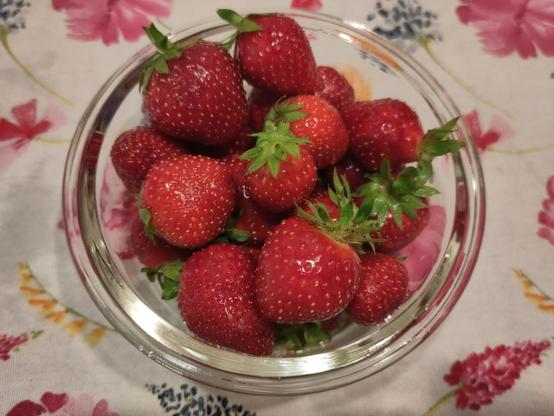 Rote Erdbeeren mit grünen Blättern in einer Glasschale auf einer geblümten Tisckdecke.