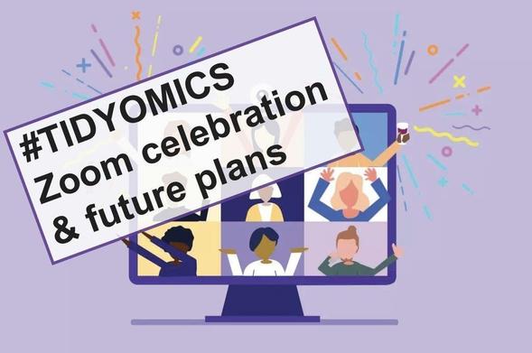 Cartoon image of people celebrating on a computer screen overlaid with text box containing "#tidyomics Zoom celebration and future plans"