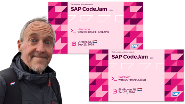 Thumbnail images showing details of the two CodeJam events, with a photo of me overlaid (and a tiny NL flag on my rucksack shoulder strap)