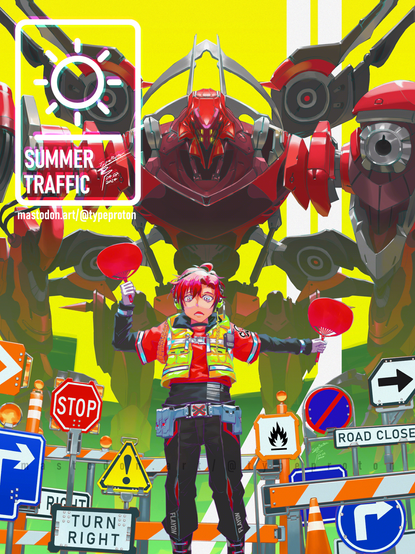 Digital fanart painting of Holostars English V-Tuber "Machina X Flayon" in traffic officer getup and his mecha R-TRUS
