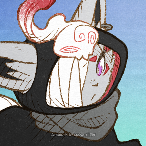 Digitally handmade profile artwork of an original character based on the Hisuian Pokémon, Zorua facing forward towards the right side of the image at a 3/4 angle with a worried facial expression on a blue gradient background.