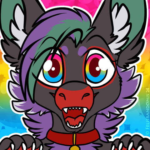 digital art of a Novabeast character made for a Pride icon. They have pan pride colored eyes and also the background is pan pride colored.