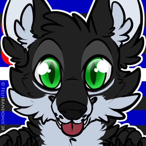digital art of a wolf character with a Leather Pride colored background, which is blue and black horizontal stripes and a bright red heart in the top left corner.