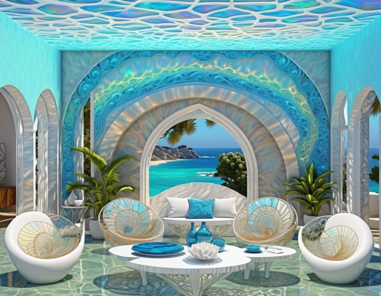 Luxurious mermaid themed lounge with blue tones, seashell chairs, tropical plants, and arched windows showing ocean and beach, with a ceiling reminiscent of a pool's surface.
