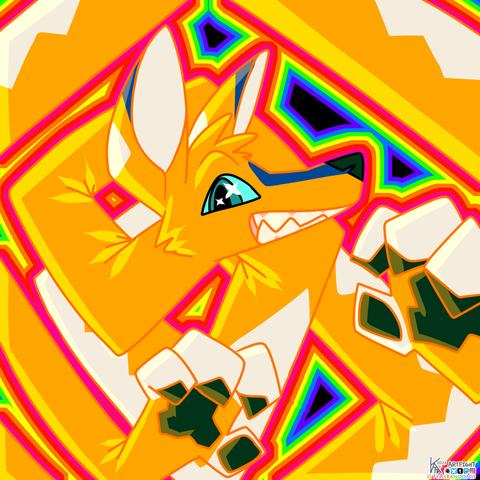 bright digital art of a canine adjacent looking creature in bright neon colors noodling around the frame
