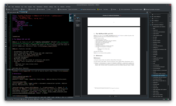 The screenshot demonstrates how to use the LaTeX bibitem in an RMarkdown document. The RKWard IDE/ GUI was used as editor. Using bibitems in a document has the advantage that you don't have to use an additional bibtext file. On the other hand, it has the disadvantage that you can't simply edit the file externally or work with bibliographic tools to update/edit the entries. The documents are fixed within the documents. On the left side, you can see the script editor of RKWard with an RMarkdown document. In the middle, you can see the rendered PDF (currently only available for the experimental branch of RKWard). On the right panel, you can see a block of code snippets for executing RMarkdown, LaTeX or R commands.