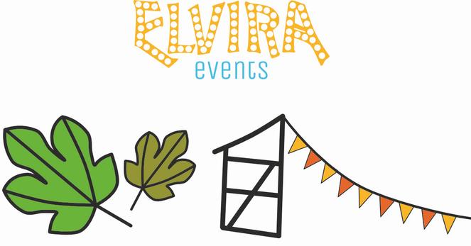 Ein Logo mit dem Schriftzug „Elvira Events“; Das Wort „Elvira“ ist in orange-farbenen Buchstaben mit weißen Punkten. Das Wort „Events“ ist türkis-farben.
darunter ein banner: stilisierte Zeichnung zweier Feigenblätter sowie eines Fachwerkhäuschens, von dem eine Leine mit orangenen und roten Wimpeln flattert.
