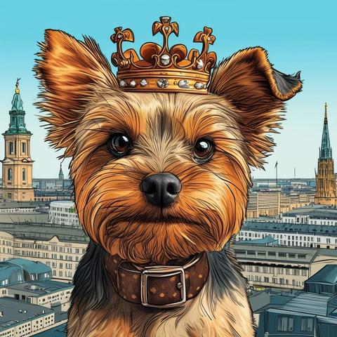 Crowned Dog #10 is a cute Yorkshire. The crown is made of gold and has white pearls. A skyline can be seen in the background.

Crowned Dog #10 ist ein süßer Yorkshire. Die Krone ist aus Gold und hat weiße Perlen. Im Hintergrund ist eine Skyline zu sehen.