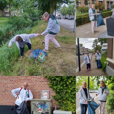 Acrobatische toeren bij een walkant, om plastic bekertjes op te ruimen.