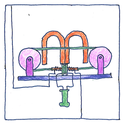 Drawing of the schematic for Rutherford's device for detecting radio waves--a magnetized wire is pulled through a glass tube around which the antenna wire is coiled. The radio signal demagnetizes the wire in the tube.