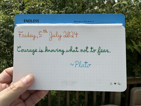 A pen quote of Plato that reads, “Courage is knowing what not to fear.”

Written in Wearingeul Heimdall, Pelikan Edelstein Adventurine & Wearingeul Robinson Crusoe.