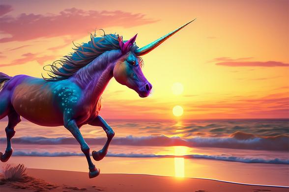 Unicorn running along a beach with sea in background and a setting sun just above the horizon.  Image is AI generated