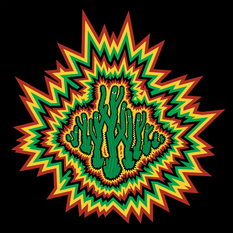 a digital illustration in red, yellow, green and black. several vaguely humanoid cacti with one eye each stand in formation, surrounded by jagged lines of radiating energy