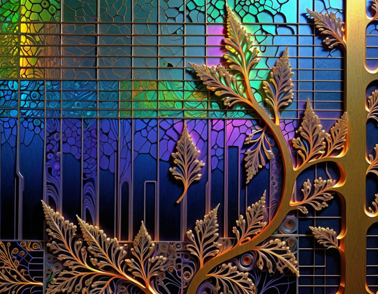 An intricate fern-like botanical design in brass, on a backdrop of slightly crystallized anodized metal in vivid blues with spectrum gradients.