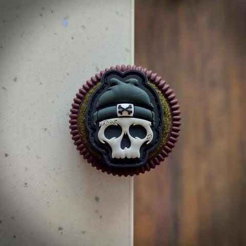 photograph of a skull patch on top of a Death Cookie