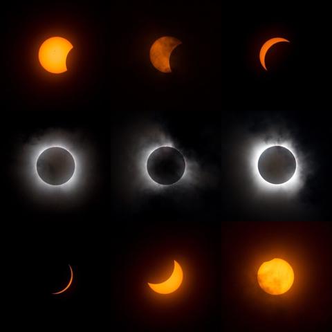 A 3-by-3 grid of the eclipse's progression. The top and bottom rows are of the moon moving over and then away from the sun, respectively, and are orange due to the filter needed to protect from the sun. The middle row is of totality and did not need the filter; these shots show the moon's black silhouette with a white halo from the sun's corona, and several pinkish solar prominences dotting the edge. Several of the photos show signs of partial cloud cover.