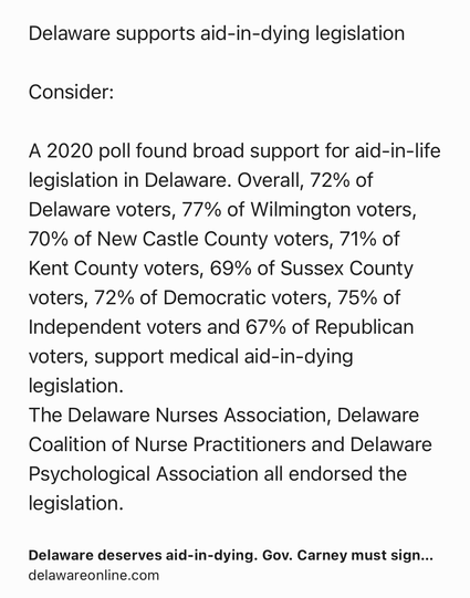 Text Shot: Delaware supports aid-in-dying legislation

Consider:

A 2020 poll found broad support for aid-in-life legislation in Delaware. Overall, 72% of Delaware voters, 77% of Wilmington voters, 70% of New Castle County voters, 71% of Kent County voters, 69% of Sussex County voters, 72% of Democratic voters, 75% of Independent voters and 67% of Republican voters, support medical aid-in-dying legislation.
The Delaware Nurses Association, Delaware Coalition of Nurse Practitioners and Delaware Psychological Association all endorsed the legislation.