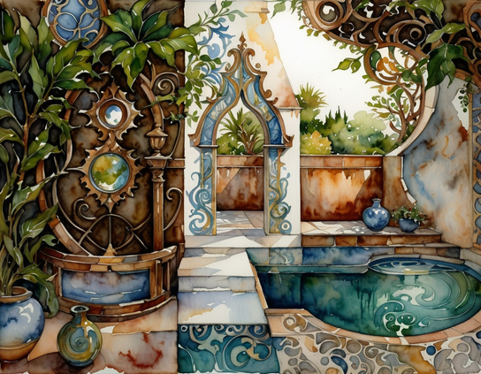Pool patio with lush greenery, ornate arches, exotic vases, intricate tiles, and ceramic plant pots. Watercolor style.