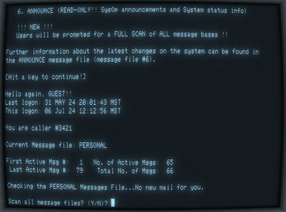 Screenshot of a terminal session showing the new "Scan all message files? (Y/N)?" prompt.