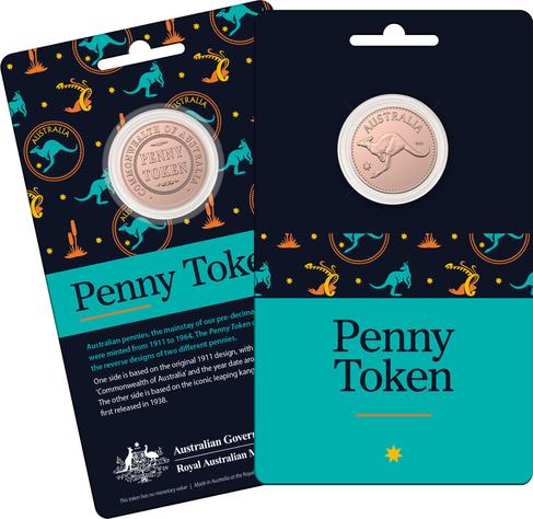 Penny Token from the Royal Australian Mint, featuring the old style design on one side ((with "Penny Token" instead of "one penny" and the new style on the other (missing "Penny".  The token comes in a card with information about the history of the Penny in Australia.