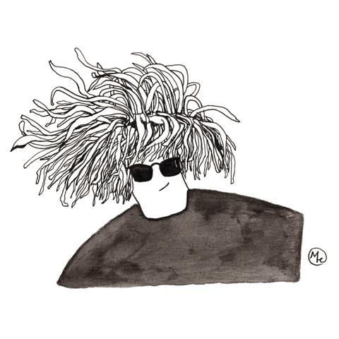 Illustration of a sea anemone wearing sunglasses, handdrawn in black fineliner, sticking out of a surface mound painted in black watercolour.