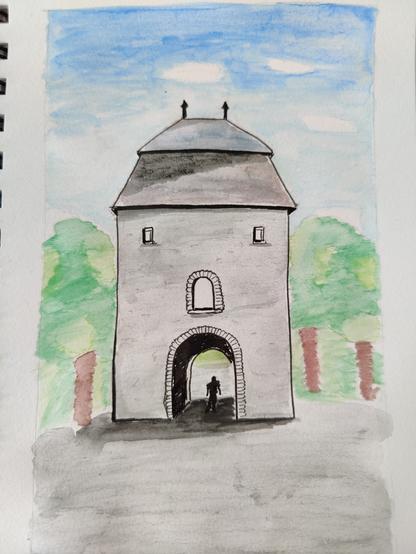 Pencil, ink & watercolor sketch of a gate tower somewhere in Bastogne, with blue skies and greenery around.