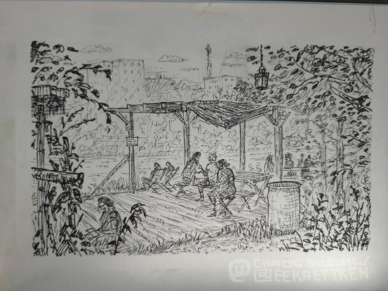 Black ink on paper

Drawing of a wooden platform on which people are sitting, on a stool, on benches, on the ground and on deckchairs. A wooden roof is over the footbridge, which has half collapsed on the right. A barrel to the right of the jetty. In the foreground trees, branches, a wooden structure and plants. In the background a river, behind it many trees and tall houses. Small clouds in the sky.
