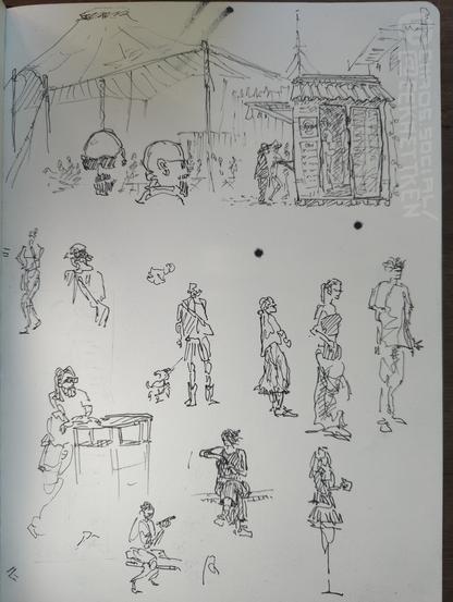 Black ink on paper.

Sketches of several people. In the upper picture a sketch of a wooden hut, that appears to be a little store in which people can be seen working through the door opening. People in front of it. Behind it a very big sun awning.