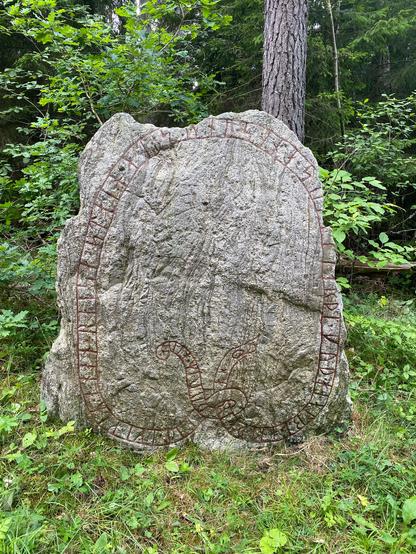 Photo of the runestone Sö 34 with lots of trees in the background.