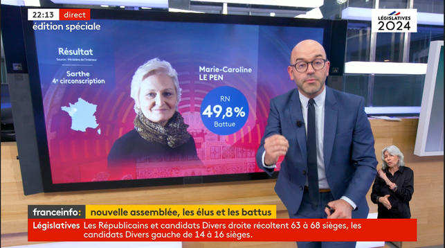 Kuvakaappaus France Info-tv-kanavan vaalilähetyksestä, jossa toimittaja seisoo näytön edessä, jossa on kuva Marie-Caroline Le Penistä sekä sininen ympyrä, jossa lukee RN 49,8 % sekä teksti Battue ( suomeksi voitettu / päihitetty) Kuvan vasemmassa alakulmassa on lähetystä viittomakielelle tulkkaava ihminen.

Vasemmalla on Ranskan kartta, jossa on merkattu se vaalipiiri, josta Le Pen on - yksi Sarthen piireistä Luoteis-Ranskassa.
