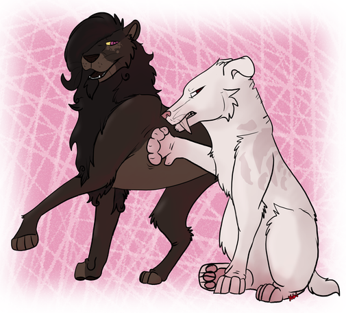 A darker lion with curly mane and tuft fur playfully speaks to her albino saber companion who pushes back at his shoulder with a uncertain look on her face.