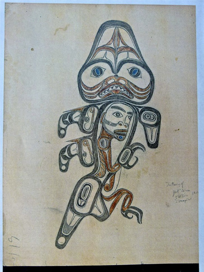 AMNH archives photo of Edenshaw’s original Dogfish Woman tattoo drawing, Pacific Northwest Coast art style (formlines), depiction of shamanic transformation