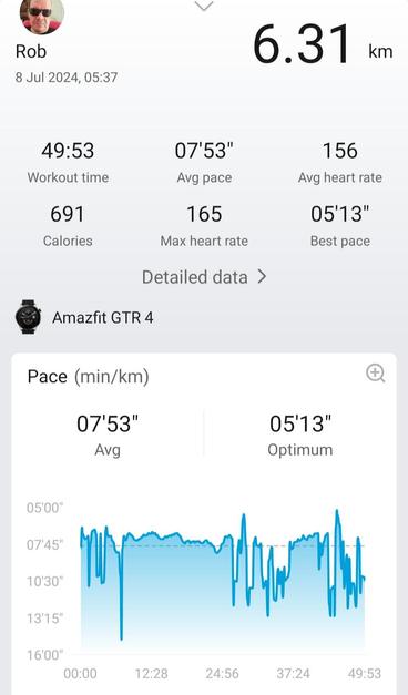 Data for the other 6.31 km...next time I will make sure that my watch is sufficiently tightened so this does not happen again.
recording for 6.31km
workout time 49.63 Avg PAce 07'53" Avg Heart 156 Calories 691 Max heart Rate 165 Best Pace 05'13