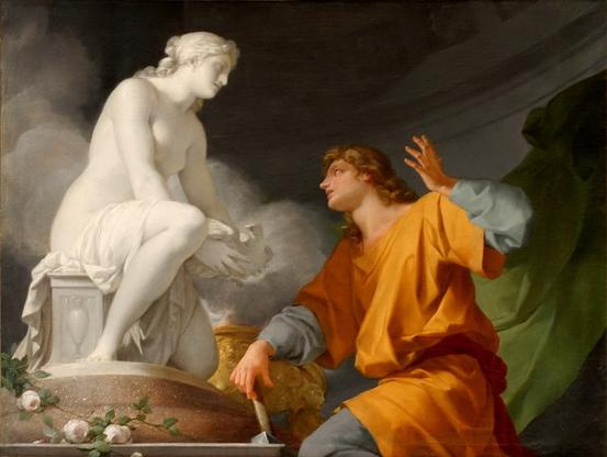 The sculptor Pygmalion gazes with love at the statue he carved. Painting by Jean-Baptiste Regnault.