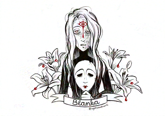 A young woman with messy white hair. One half of her face is burned. She has a red eye tattoo on her forehead that bleeds and in her hand she is holding a white mask. In the background are white lilies with drops of blood on them.
