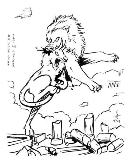 ink drawing of a giant chimera, with the various animal parts attacking each other