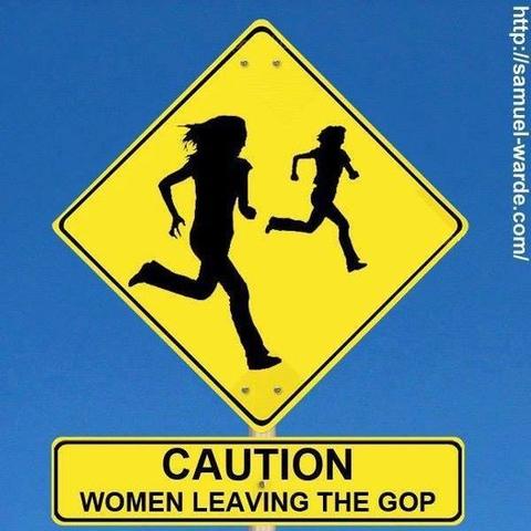 A diamond shaped yellow road sign with the blacked-out images of two women running. At the bottom is a rectangular sign reading 
            CAUTION
WOMEN LEAVING THE GOP