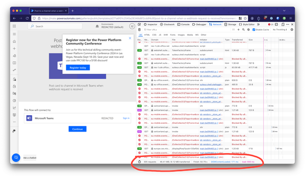 Screenshot of Firefox showing a Microsoft Power Automate site. The Firefox developer tools are open  and show that 305 requests have been made to load the website. 
It took 50 seconds to download and parse 46.41 MB of assets.