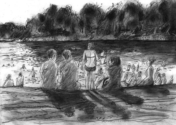 Bathers at a partly sunlit lake.