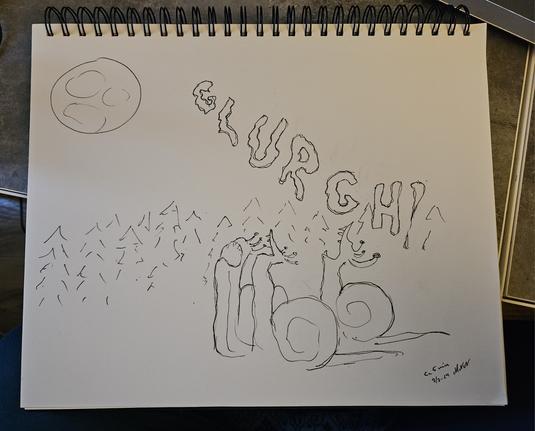 Woobly sketch of three snails howling at the moon.
Caption: Glurgh!