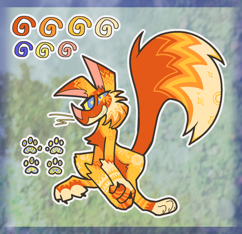Digital drawing of a cartoon, anthro fox with a warm color pallet and sun motifs.