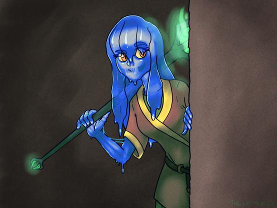 A blue slime girl curiously peeks around a corner. Her skeleton is somewhat visible through her body, and she wears a brown and yellow tunic. Cautiously hoisted on her shoulder is a glowing green lich staff.