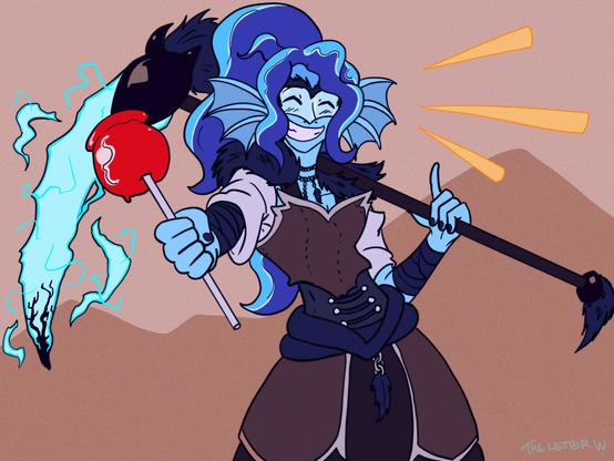 A very happy merfolk holds a candy apple towards the viewer. She’s dressed in brown armours and wields an electric scythe.