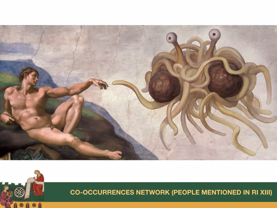 a parody of a famous painting where a naked man on the left reaches out to touch not to a deity, but to a monster that is made of spaghetti and meatballs