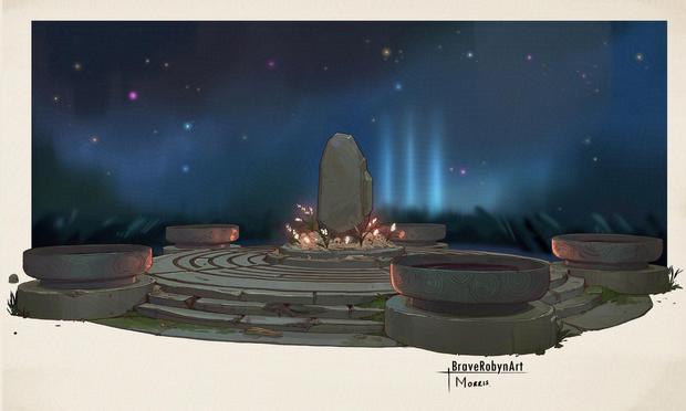 Cyrcilure steps with 5 ancient unlite metal fire braziers. Standing stone one raised step in the center surrounded by skulls and glowing flowers.