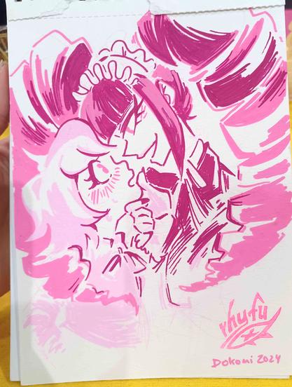 Photo of a Traditional Commission done with Paint Markers. Celestia Ludenberg and Chihiro Fujisaki from Danganronpa in bright pinks. Celestia lifting Chihiros chin wth a smile.