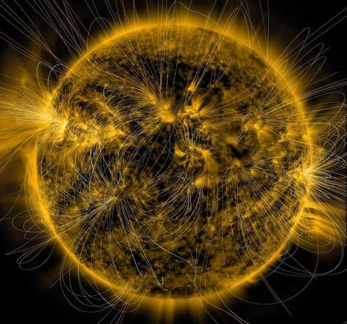 Lines illustrating the magnetic fields around the sun superposed on a NASA SDO photo.